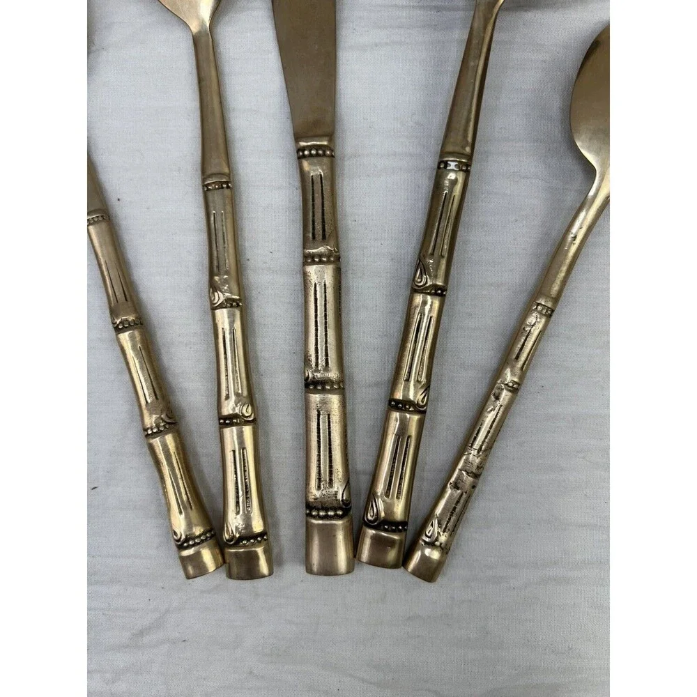 Vtg MCM Nickel Bronze Faux Bamboo Flatware 5 PCs Set Server 1 Retro‎ Decor